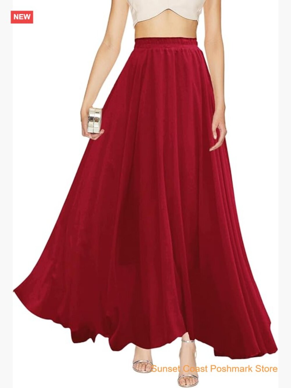 Women High Waist Elastic Pleated Maxi Chiffon Long Skirt Flowy A-Line